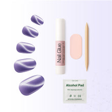 Load image into Gallery viewer, Nano® Amethyst Kitty Stare Pressed on Nails - 24pcs with Glue | Instant Gel-Like Shine, Lavender Purple Chrome Fake Nails Set
