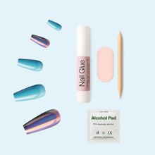 Load image into Gallery viewer, Nano® Mirror Chrome & Aqua Blue Pressed on Nails - 24pcs with Glue | Instant Gel-Like Shine, Dual-Tone Chrome Blue Fake Nails Set