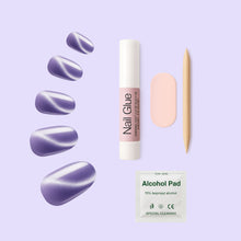 Load image into Gallery viewer, Nano® Amethyst Kitty Stare Pressed on Nails - 24pcs with Glue | Instant Gel-Like Shine, Lavender Purple Chrome Fake Nails Set