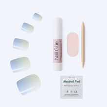 Load image into Gallery viewer, Nano® Cloud Whisper Pressed on Nails - 24pcs with Glue | Instant Gel-Like Shine, Soft Blue-White Ombre Fake Nails Set