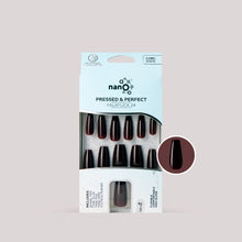Load image into Gallery viewer, Nano® Crimson Noir Pressed on Nails - 24pcs with Glue | Instant Gel-Like Shine, Deep Burgundy Glossy Fake Nails Set