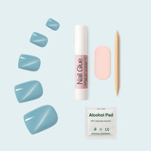 تحميل الصورة إلى عارض المعرض، Nano® Glacier Cat Gleam Pressed on Nails - 24pcs with Glue | Instant Gel-Like Shine, Icy Blue Chrome Fake Nails Set