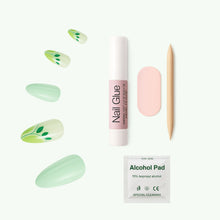 Load image into Gallery viewer, Nano® Mint Mojito Pressed on Nails - 24pcs with Glue | Instant Gel-Like Shine, Mint Green Leaf Design Fake Nails Set