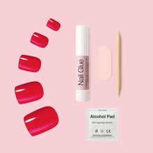 Load image into Gallery viewer, Nano® Red Velvet Glow Pressed on Nails - 24pcs with Glue | Instant Gel-Like Shine, Classic Red Glossy Fake Nails Set