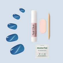 Load image into Gallery viewer, Nano® Sapphire Kitty Stare Pressed on Nails - 24pcs with Glue | Instant Gel-Like Shine, Electric Blue Fake Nails Set