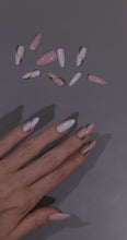 Load and play video in Gallery viewer, Nano® Blush Marble Luxe Pressed on Nails - 24pcs with Glue | Instant Gel-Like Shine, Pink &amp; White Marble Design Glossy Fake Nails Set
