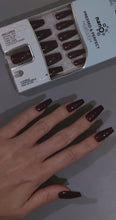 Load and play video in Gallery viewer, Nano® Crimson Noir Pressed on Nails - 24pcs with Glue | Instant Gel-Like Shine, Deep Burgundy Glossy Fake Nails Set
