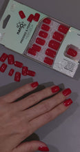 Load and play video in Gallery viewer, Nano® Red Velvet Glow Pressed on Nails - 24pcs with Glue | Instant Gel-Like Shine, Classic Red Glossy Fake Nails Set
